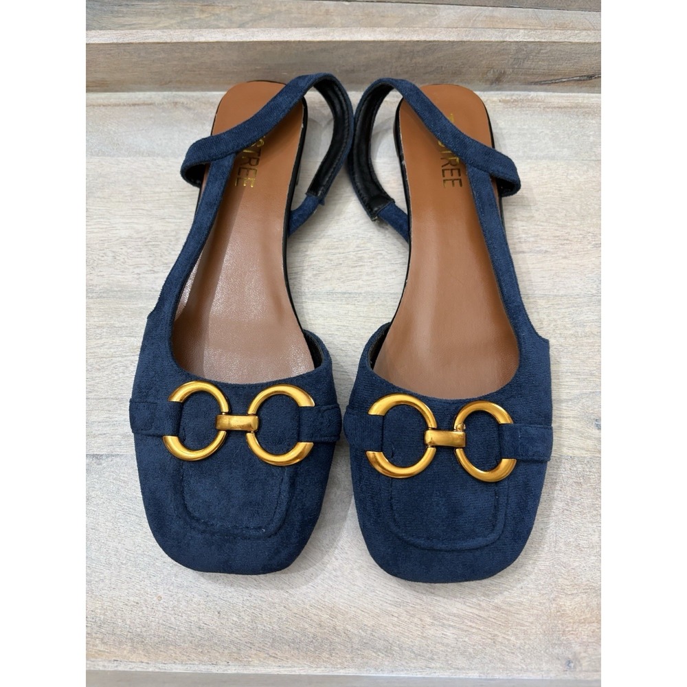 Tinstree Flats  Womens Size 9 Shoes Blue Gold Accents Slingback Kitten Heel
